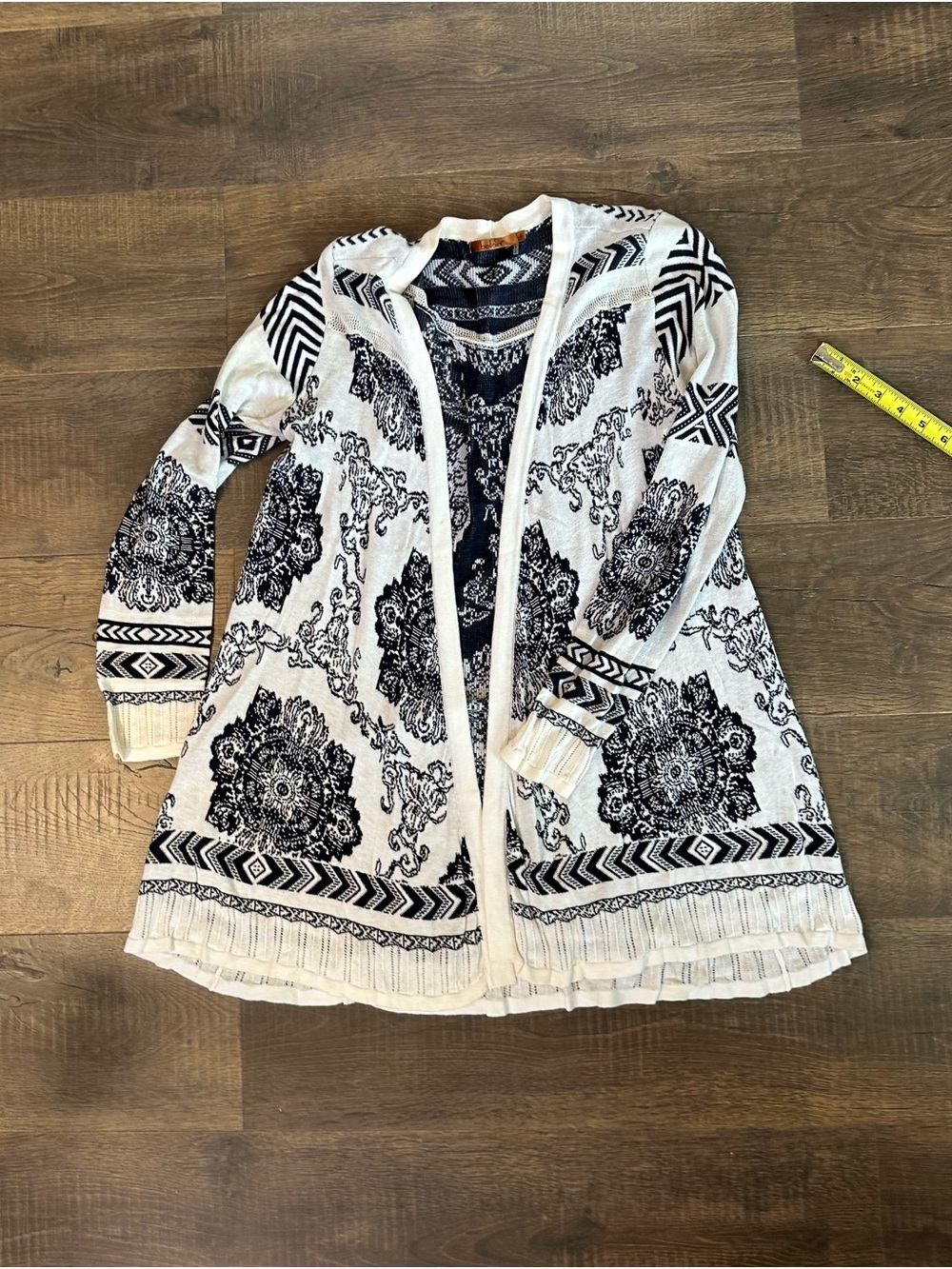 Belldini Black White Boho Medallion Open Front Cardigan Size L